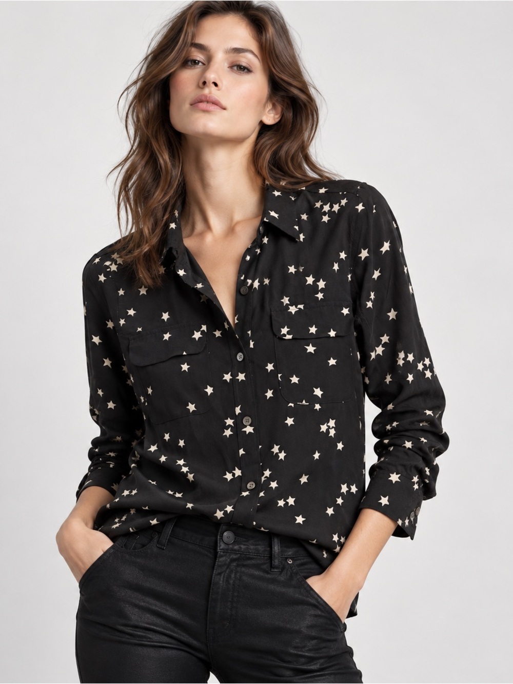 Equipment Femme Signature 100% Silk Star Print Shirt Black Ivory M